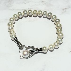 Genuine White Cultured Freshwater Pearl Bracelet With 925S‎ Heart Shaped Claps